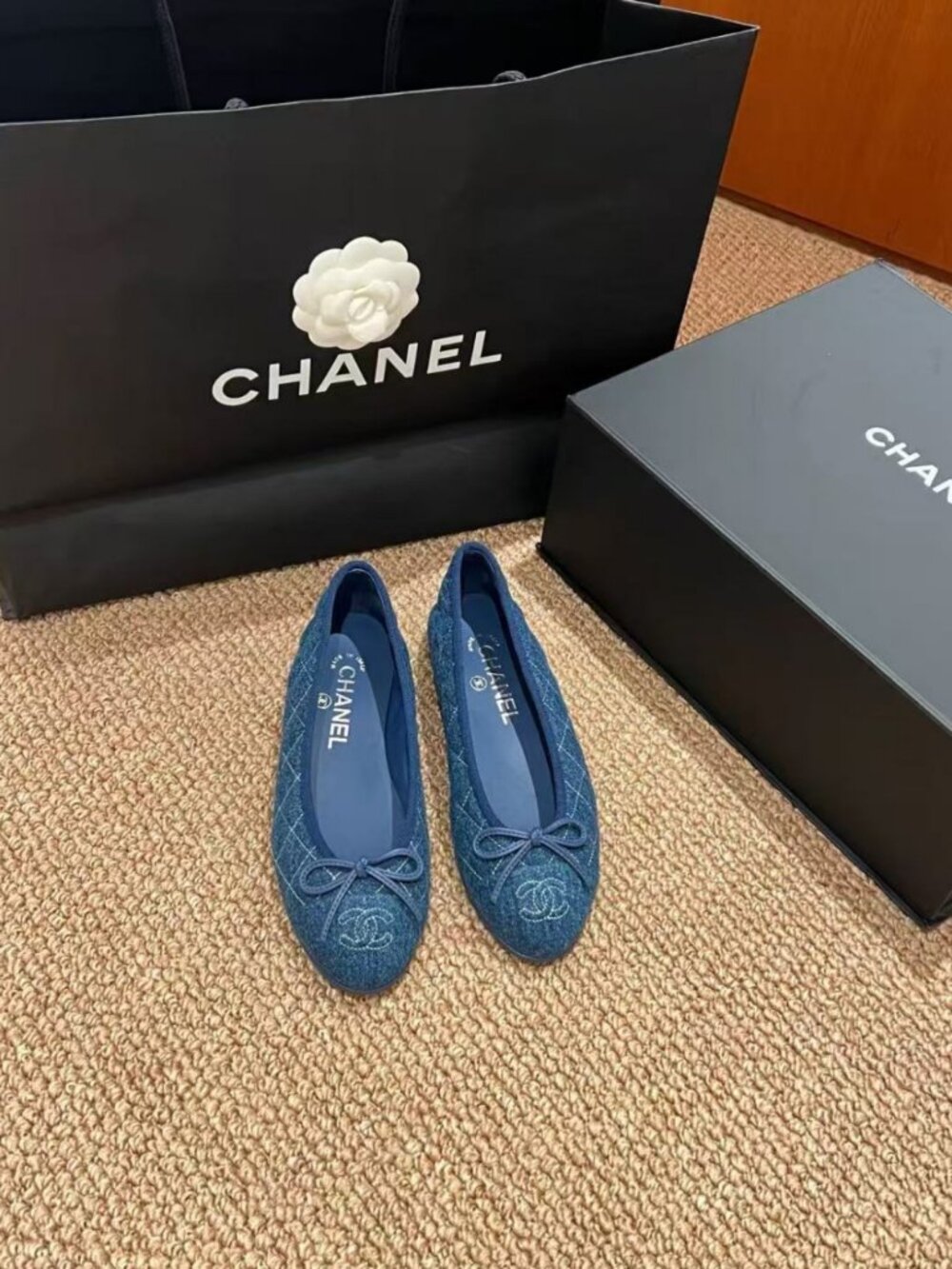 CHANEL Denim‑Tone Quilted Bow Detail Ballet Flats